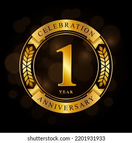 1 Year Anniversary celebration template design, with shiny ring and gold ribbon, laurel wreath isolated on black background, logo vector