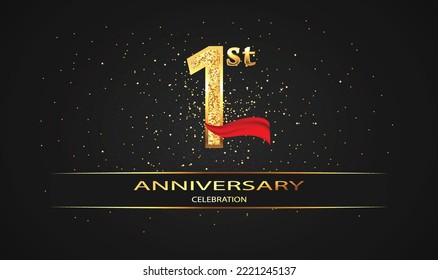 1 Year Anniversary celebration Vector Design with red ribbon and glitter. 1st Anniversary celebration. Gold Luxury Banner of 1st Anniversary. celebration card