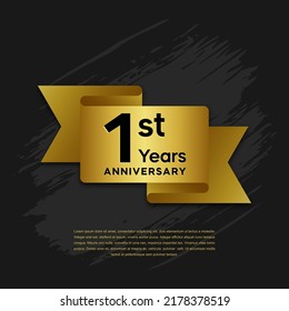 1 year Anniversary celebrations logo with ribbons. Gold color is elegant and luxurious. Logo vector template