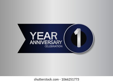 1 year anniversary design celebration silver with blue circle and ribbon isolated on silver background