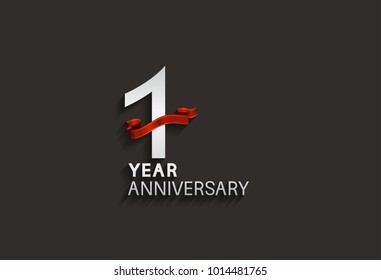 1 year anniversary design with silver color and red ribbon isolated on black background for celebration event