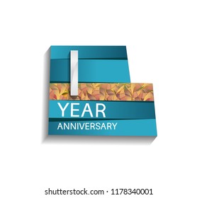 1 year anniversary design silver color with blue color background and golden leaf. for use celebration event