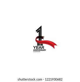 1 year anniversary flat black color and red ribbon isolated on white background
