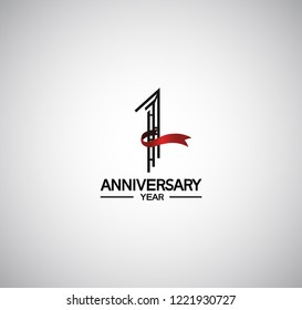 1 year anniversary flat design with labyrinth style number and red ribbon