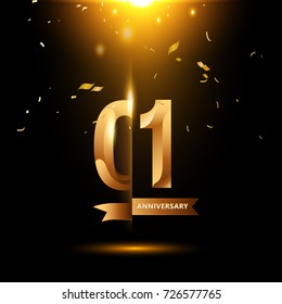 1 Year Anniversary with gold stylized number and confetti. Applicable for brochure, flyer, Posters, web and Banner Designs. Vector illustration.