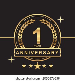 1 year anniversary golden color with circle ring and stars isolated on black background for anniversary celebration event luxury gold premium vector