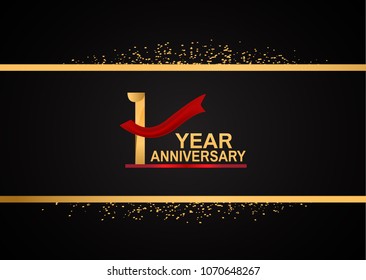 1 year anniversary golden design with red ribbon and glitter background for celebration