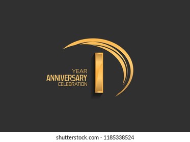 1 year anniversary golden design logotype with swoosh. Vector template for use in celebration company event, greeting card, and invitation card