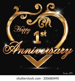 1 year anniversary golden heart, 1st anniversary decorative golden heart design - vector eps10