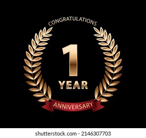 1 year anniversary golden laurel wreath. Anniversary celebration logo. Vector illustration Editable. Golden laurel stamp.