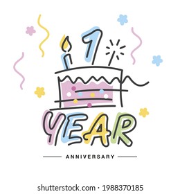 1 Year Anniversary handwritten typography lettering Greeting card with colorful big cake, sparkle firework, number, candle and confetti