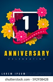 1 year anniversary invitation card - celebration template design , 1st anniversary with flowers and modern design elements, dark blue background - vector illustration