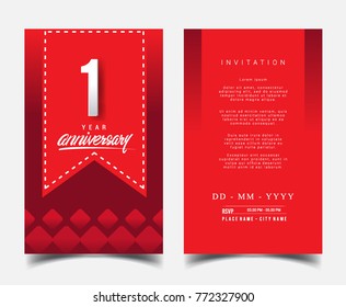 1 Year Anniversary Invitation/Greeting Card with Flat Design and Elegant, Isolated on Red Background. Vector illustration.