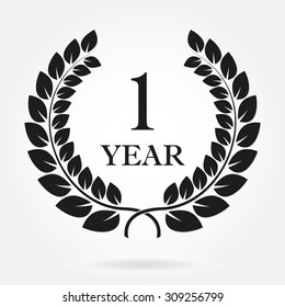 1 year anniversary laurel wreath sign or emblem. Template for celebration and congratulation design. Vector first anniversary label isolated on white background.