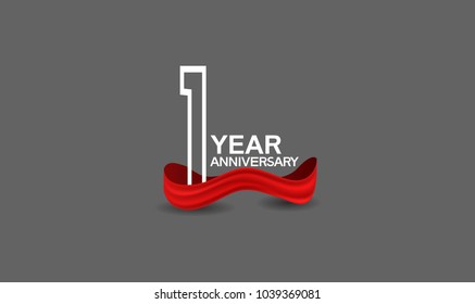 1 year anniversary line style white color with red color ribbon isolated on dark grey background