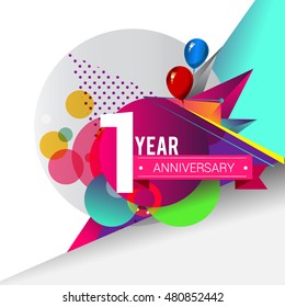 1 Year Anniversary logo with balloon and colorful geometric background, vector design template elements for your birthday celebration.