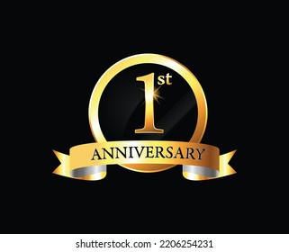 1 year anniversary logo celebration with ring and ribbon. Anniversary celebration. Gold Luxury Banner of 1st Anniversary celebration. First celebration card. Vector anniversary                        