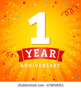 1 year anniversary logo celebration card. 1st year anniversary vector background with red ribbon and confetti on yellow flash radial lines