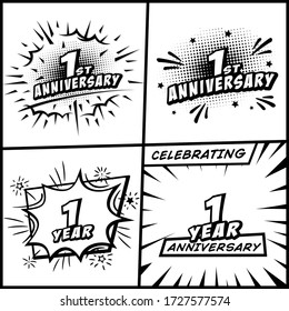 1 year anniversary logo collection. 1st year anniversary celebration comic logotype. Pop art style vector and illustration.