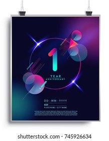 1 Year Anniversary Logo With Colorful Galactic Background, Vector Design Template Elements For Invitation Card And Poster Your Birthday Celebration.