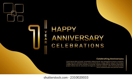 1 year anniversary logo design with a double line concept in gold color, logo vector template illustration