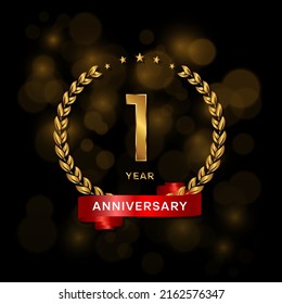 1 year anniversary logo with golden  laurel and red ribbon for booklet, leaflet, magazine, brochure poster, banner, web, invitation or greeting card. Vector illustrations.