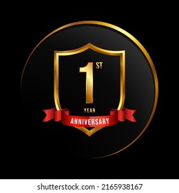 1 year anniversary logo with golden shield and ribbon for booklet, leaflet, magazine, brochure poster, banner, web, invitation or greeting card. Vector illustrations.