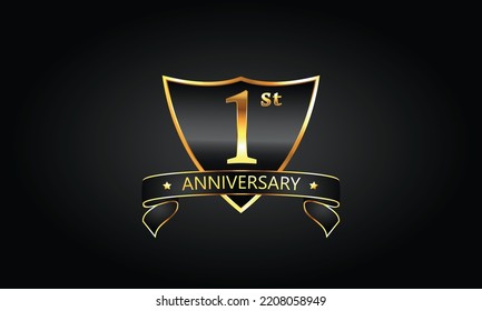 1 Year Anniversary Logo With Golden Shield And Ribbon. Dark Concept Anniversary. 1st Anniversary Celebration Background. First Anniversary Banner Vector