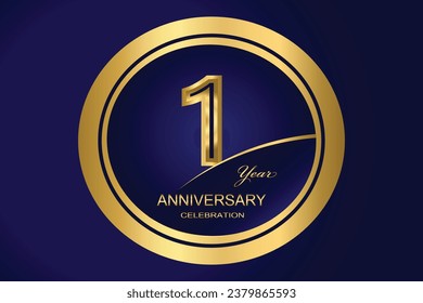 1 Year Anniversary Logo, Golden Color, Vector Template Design element for birthday, invitation, wedding, jubilee and greeting card illustration.