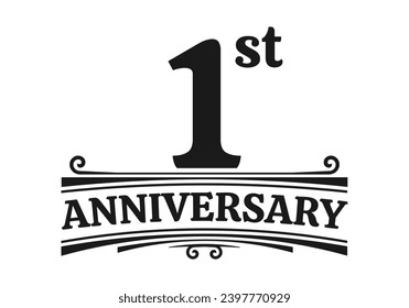 1 year anniversary logo, icon or badge. 1st birthday, jubilee celebration, wedding, invitation card design element. Vector illustration.