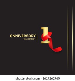 1 year anniversary logo template on black background. golden numbers with red ribbon vector