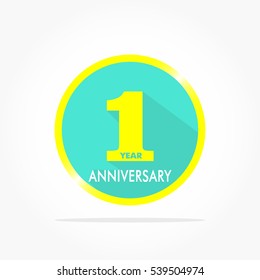 1 year anniversary logo vector on flat design blue circle with yellow number and gradient yellow frame with shadow effect
