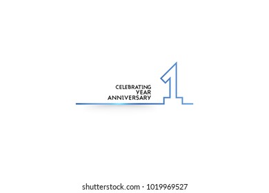 1 Year Anniversary logotype with blue colored font numbers made of one connected line, isolated on white background for company celebration event, birthday