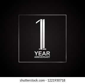 1 year anniversary logotype with cross hatch pattern silver color inside square.