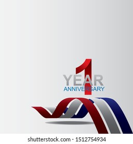 1 year anniversary logotype design with red color and ribbon isolated on white background for celebration event
