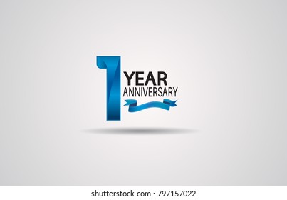 1 year anniversary logotype design with blue color and ribbon isolated on white background for celebration event