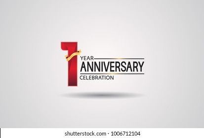 1 year anniversary logotype with red color and golden ribbon isolated on white background for celebration event