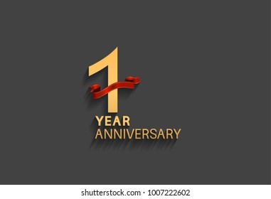 1 year anniversary logotype with red ribbon and golden color for celebration event