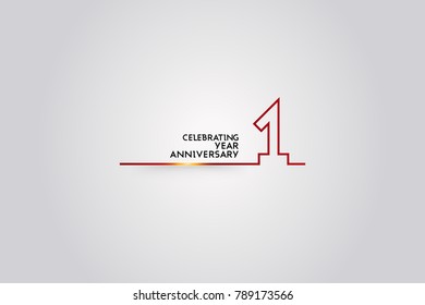 1 Year anniversary logotype with red colored  font numbers made of one  connected line, isolated on white background for company celebration event, birthday