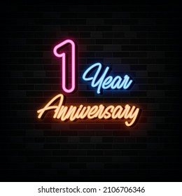 1 year anniversary neon sign. design element. light banner. 