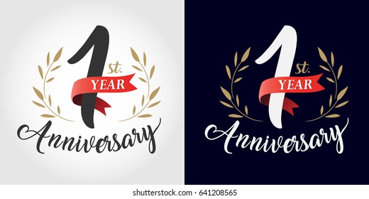 1 year anniversary number hand lettering and golden laurel wreath. Handmade calligraphy, Vintage style