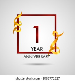 1 year anniversary with red number design inside red square and golden ribbon element, isolated on white background can be used as celebration card