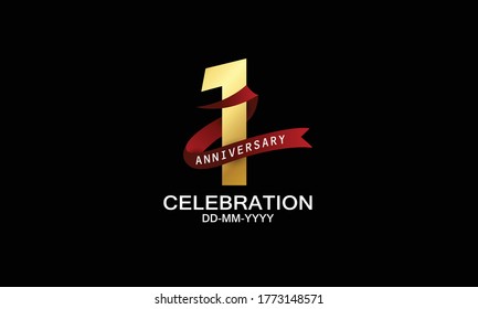 1 year anniversary red ribbon celebration logotype. anniversary logo with Red text and Spark light gold color isolated on black background, design for celebration, invitation - vector