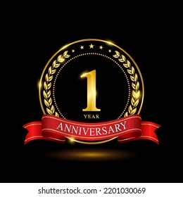 1 Year Anniversary template design, with shiny ring and red ribbon, laurel wreath isolated on black background, logo vector