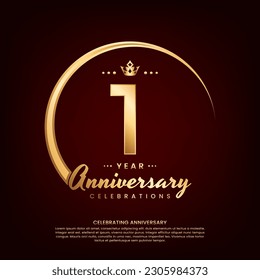 1 year anniversary template design with golden number and ring for birthday celebration event, invitation, banner poster, flyer, and greeting card, vector template