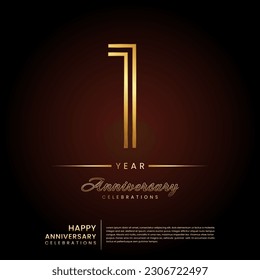 1 year anniversary, anniversary template design with double line number and golden text for birthday celebration event, invitation, banner poster, flyer, and greeting card, vector template