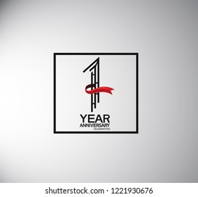 1 year anniversary template flat style with square and red ribbon