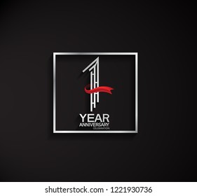 1 year anniversary template with square silver color and red ribbon