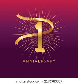 1 year anniversary vector banner template.birthday celebration banner with Golden numbers and confetti.