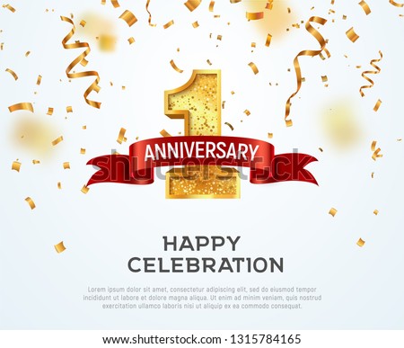 1 year anniversary vector banner template. First jubilee with red ribbon and confetti on white background